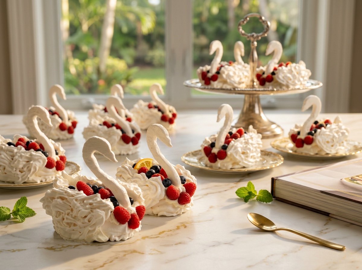 Pavlova swans — meringue swan desserts with berries